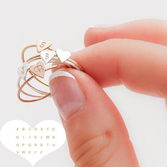 Picture of Open Rings Gold Plated Adjustable Heart Initial Alphabet/ Capital Letter Message " E " 18.1mm(US Size 8), 1 Piece