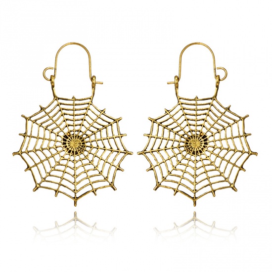 Picture of Hoop Earrings Gold Tone Antique Gold Halloween Cobweb 50mm x 39mm, 1 Pair
