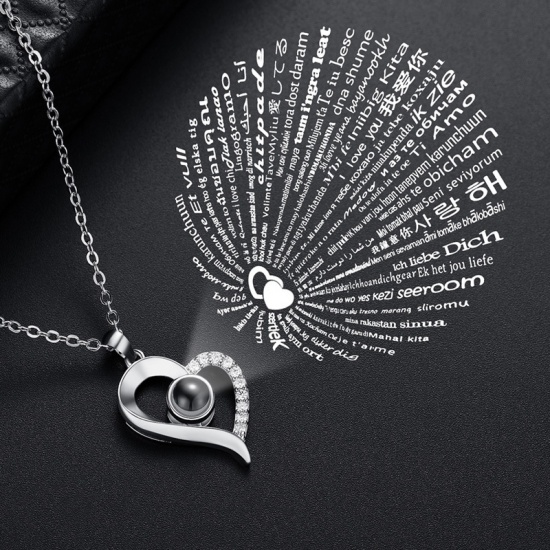 Picture of Brass & Cubic Zirconia 100 Different Languages for "I Love You" Love Memory Nanotechnology Projective Necklace Silver Tone Heart 45cm(17 6/8") long, 1 Piece                                                                                                  