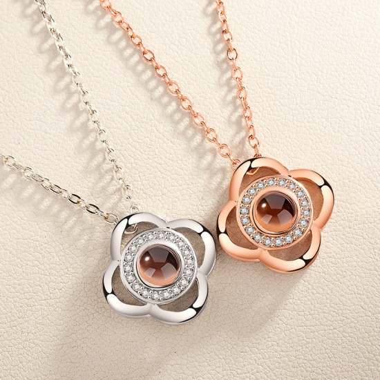 Picture of Brass & Cubic Zirconia 100 Different Languages for "I Love You" Love Memory Nanotechnology Projective Necklace Rose Gold Four Leaf Clover 50cm(19 5/8") long, 1 Piece                                                                                         