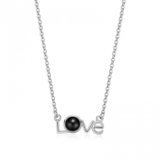 Picture of Brass 100 Different Languages for "I Love You" Love Memory Nanotechnology Projective Necklace Silver Tone Message " LOVE " 48cm(18 7/8") long, 1 Piece                                                                                                        
