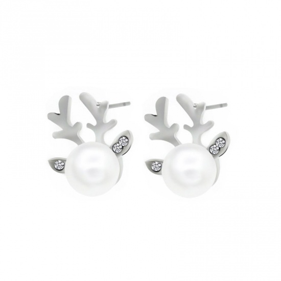 Picture of Ear Post Stud Earrings Silver Tone Christmas Reindeer Clear Rhinestone White Acrylic Imitation Pearl 18mm( 6/8") x 16mm( 5/8"), 1 Pair