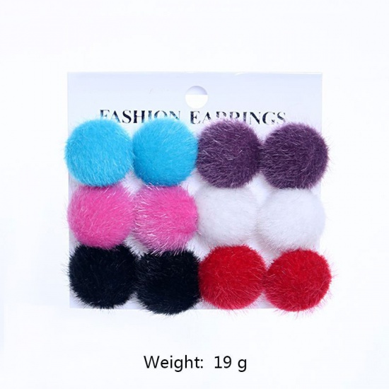 Picture of Ear Post Stud Earrings Mixed Pom Pom Ball 25mm(1") Dia., 1 Set ( 6 Pairs/Set)