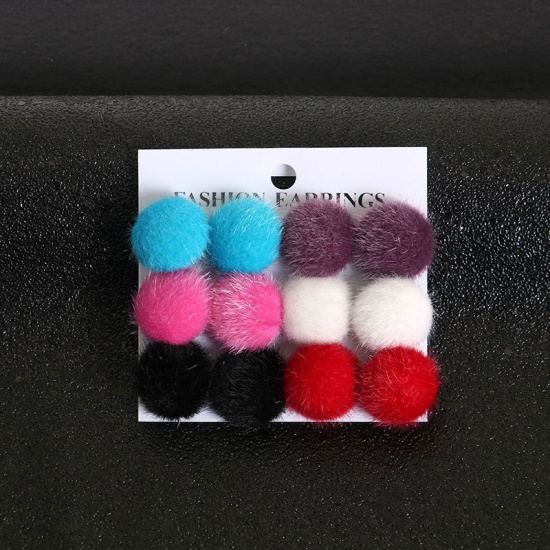 Picture of Ear Post Stud Earrings Mixed Pom Pom Ball 25mm(1") Dia., 1 Set ( 6 Pairs/Set)