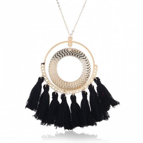 Picture of Boho Chic Sweater Necklace Long Gold Plated Black Tassel Circle Ring 60cm(23 5/8") long, 1 Piece