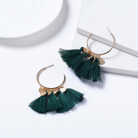 Picture of Tassel Earrings Dark Green Round Sequins 70mm x 40mm, 1 Pair