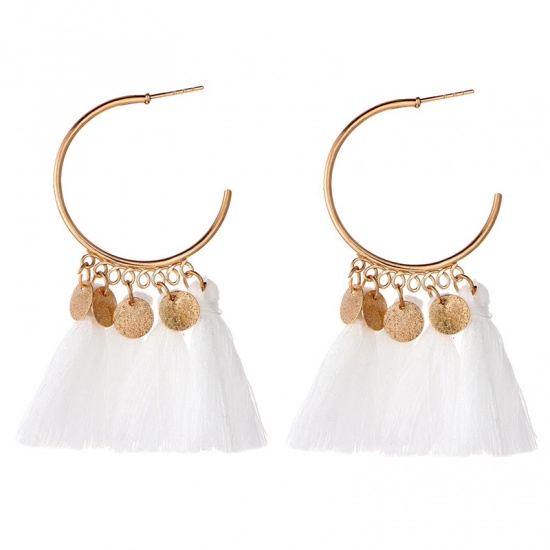 Picture of Tassel Earrings White Round Sequins 70mm x 40mm, 1 Pair