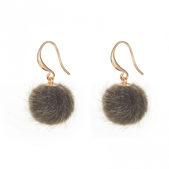 Picture of Brass Earrings Gold Plated Olive Green Pom Pom Ball 3cm(1 1/8") x 1.5cm( 5/8"), 1 Pair                                                                                                                                                                        