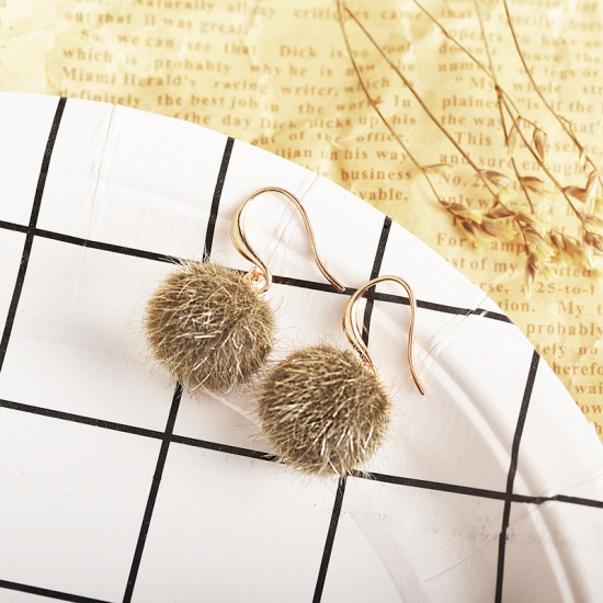 Picture of Brass Earrings Gold Plated Olive Green Pom Pom Ball 3cm(1 1/8") x 1.5cm( 5/8"), 1 Pair                                                                                                                                                                        
