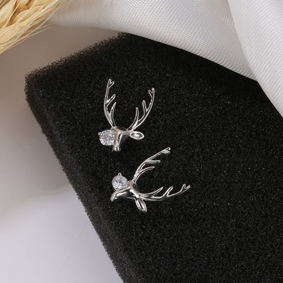 Picture of Brass Ear Post Stud Earrings Silver Tone Christmas Reindeer Clear Cubic Zirconia 27mm x 11mm, 1 Pair                                                                                                                                                          