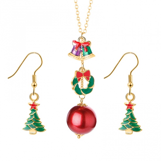 Imagen de Joyería Collar Pendiente Juego Chapado en Oro Multicolor Guirnalda de la Navidad Árbol Navideño Navidad Esmalte 50cm longitud, 1 Juego