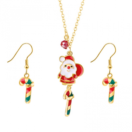 Picture of Jewelry Necklace Earrings Set Gold Plated Multicolor Christmas Santa Claus Candy Cane Enamel 50cm(19 5/8") long, 1 Set