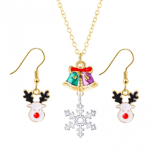Picture of Jewelry Necklace Earrings Set Gold Plated Multicolor Christmas Snowflake Reindeer Enamel 50cm(19 5/8") long, 1 Set