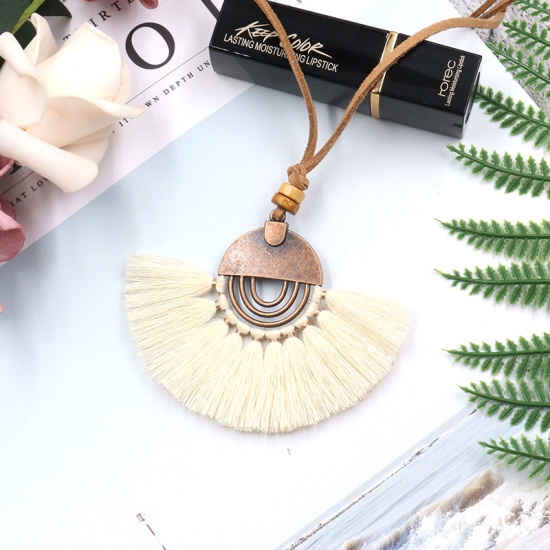 Picture of Boho Chic Sweater Necklace Long Antique Copper White Tassel 78cm(30 6/8") long, 1 Piece
