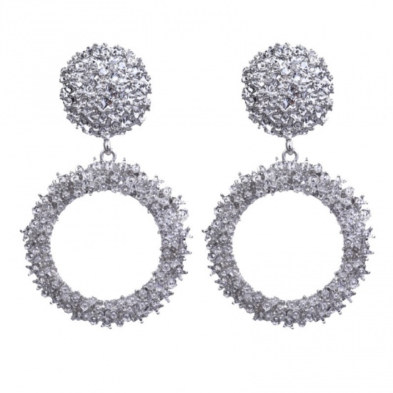 Picture of Earrings Silver Tone Circle Ring Painting 75mm x 45mm, 1 Pair