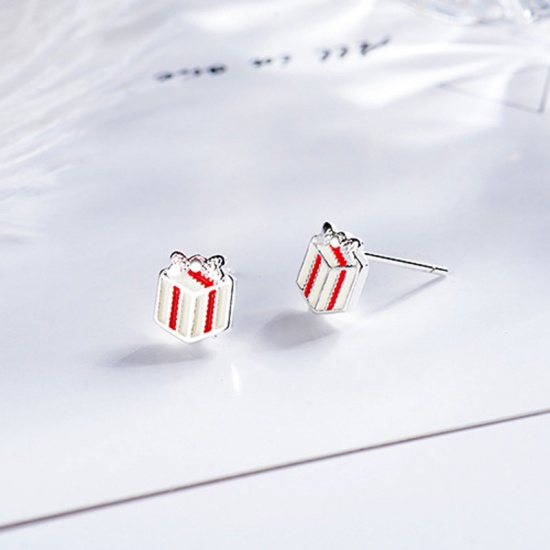 Picture of Brass Ear Post Stud Earrings Silver Tone White & Red Christmas Gift Box Enamel 8mm( 3/8"), 1 Pair                                                                                                                                                             