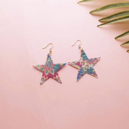 Picture of PU Leather Christmas Earrings Multicolor Star Peacock Feather 5cm(2"), 1 Pair