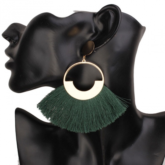 Picture of Boho Chic Tassel Earrings Green Round Hollow 9.5cm(3 6/8") x 4cm(1 5/8"), 1 Pair