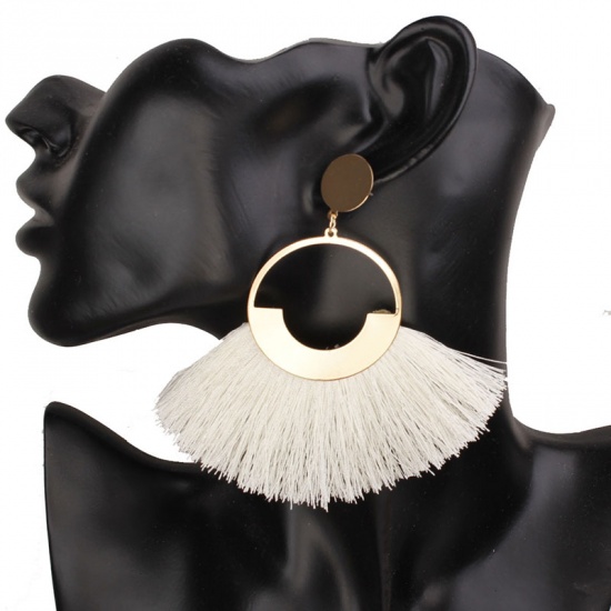 Picture of Boho Chic Tassel Earrings White Round Hollow 9.5cm(3 6/8") x 4cm(1 5/8"), 1 Pair