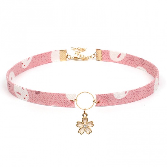 Picture of Fabric Japanese Style Choker Necklace Pink Rabbit Animal Sakura Flower 30cm(11 6/8") long, 1 Piece