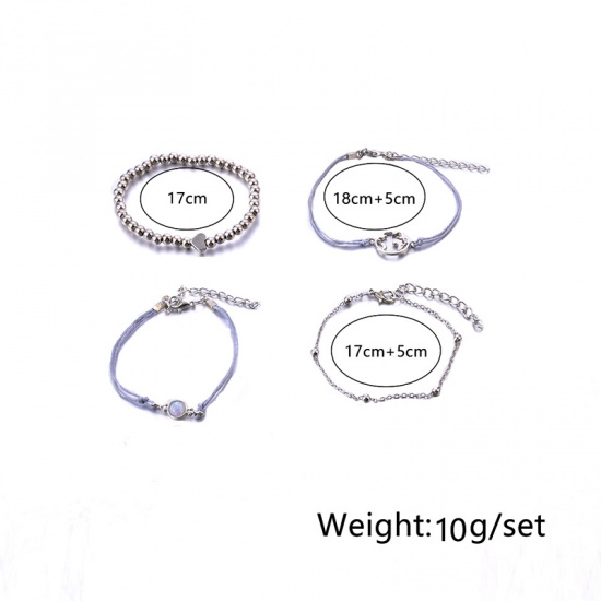 Picture of Beaded Boho Chic Bohemia Bracelet Set Silver Tone Gray Map Heart 18cm(7 1/8") long - 17cm(6 6/8") long, 1 Set ( 4 PCs/Set)