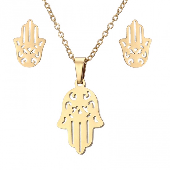 Picture of Stainless Steel Jewelry Necklace Earrings Set Gold Plated Hamsa Symbol Hand 45cm(17 6/8") long, 1.2cm( 4/8") x 0.8cm( 3/8"), 1 Set
