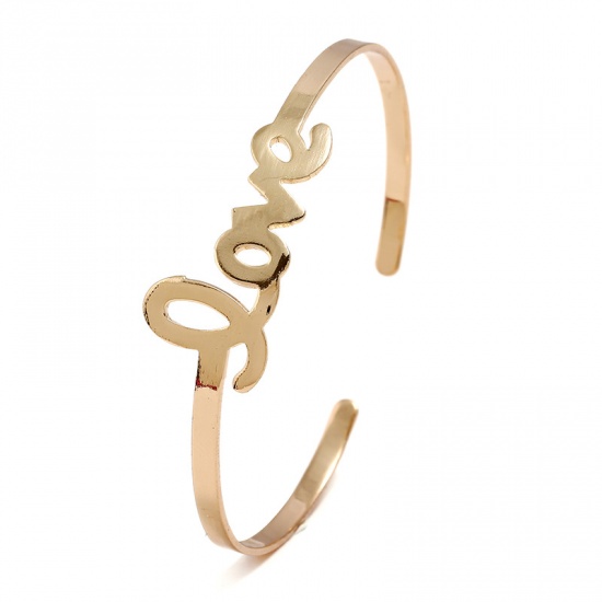 Picture of Brass Open Cuff Bangles Bracelets Gold Plated Message " LOVE " 6cm(2 3/8") Dia., 1 Piece                                                                                                                                                                      