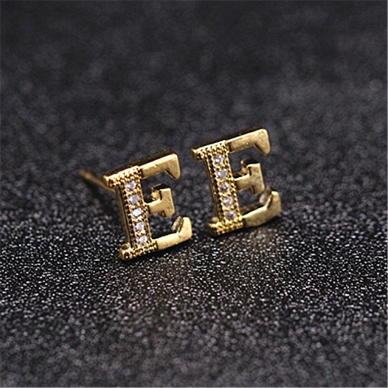 Picture of Brass Ear Post Stud Earrings Gold Plated Capital Alphabet/ Letter Message " E " Clear Cubic Zirconia 10mm x 8mm, 1 Pair                                                                                                                                       