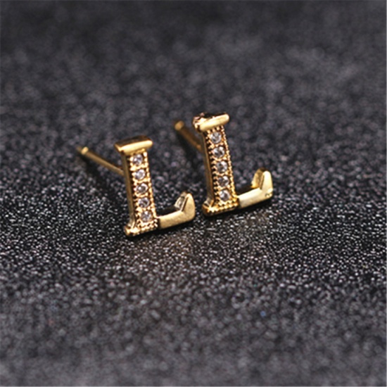 Picture of Brass Ear Post Stud Earrings Gold Plated Capital Alphabet/ Letter Message " L " Clear Cubic Zirconia 10mm x 8mm, 1 Pair                                                                                                                                       