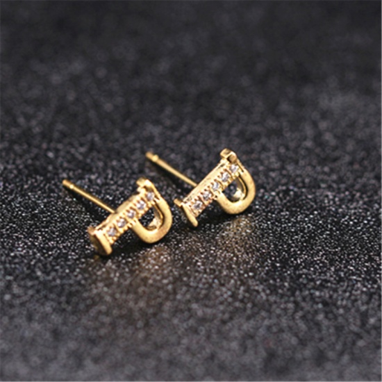 Picture of Brass Ear Post Stud Earrings Gold Plated Capital Alphabet/ Letter Message " P " Clear Cubic Zirconia 10mm x 8mm, 1 Pair                                                                                                                                       