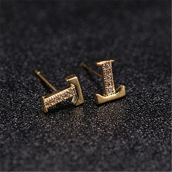 Picture of Brass Ear Post Stud Earrings Gold Plated Capital Alphabet/ Letter Message " T " Clear Cubic Zirconia 10mm x 8mm, 1 Pair                                                                                                                                       
