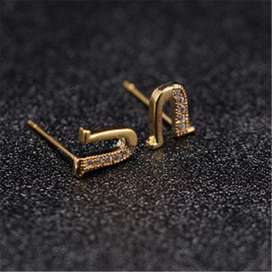 Picture of Brass Ear Post Stud Earrings Gold Plated Capital Alphabet/ Letter Message " U " Clear Cubic Zirconia 10mm x 8mm, 1 Pair                                                                                                                                       