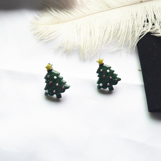 Picture of Resin Ear Post Stud Earrings Green Christmas Tree 25mm(1"), 1 Pair