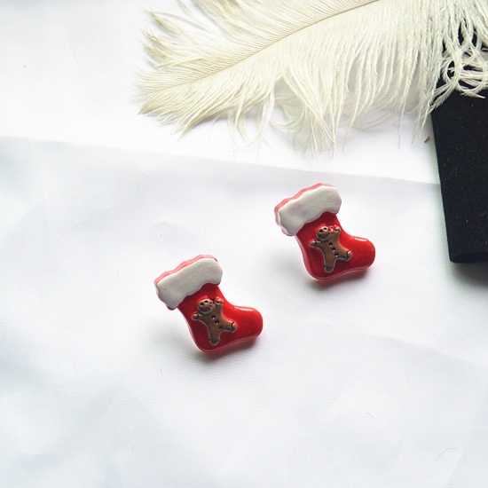 Picture of Resin Ear Post Stud Earrings Red Christmas Santa Boots 25mm(1"), 1 Pair
