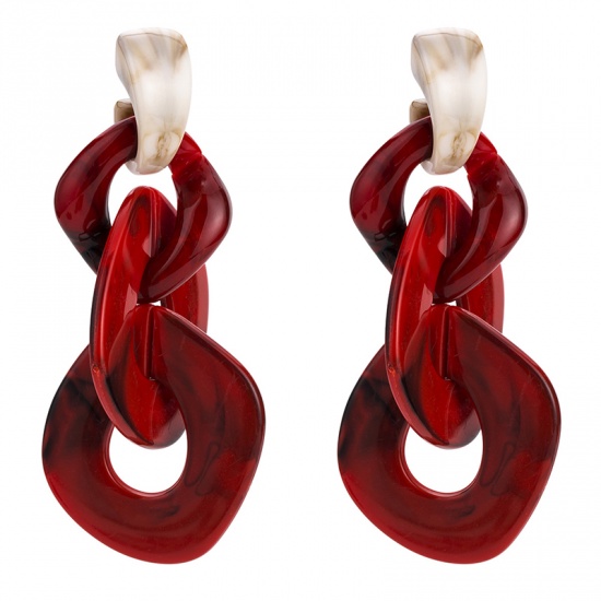 Picture of Acetic Acid Resin Acetimar Marble Link Chain Earrings Red Geometric 10.2cm x 4.7cm, 1 Pair