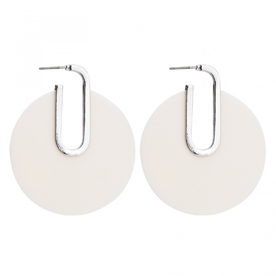 Picture of Resin Earrings White Round 5.9cm(2 3/8") x 5cm(2"), 1 Pair