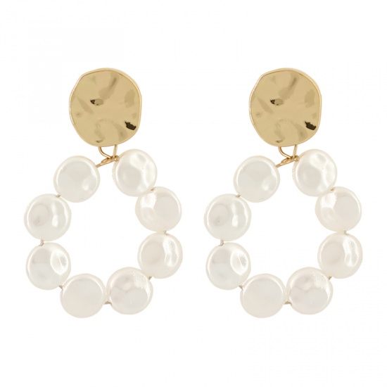 Picture of Earrings Gold Plated White Round Imitation Pearl 5.4cm(2 1/8") x 3.4cm(1 3/8"), 1 Pair