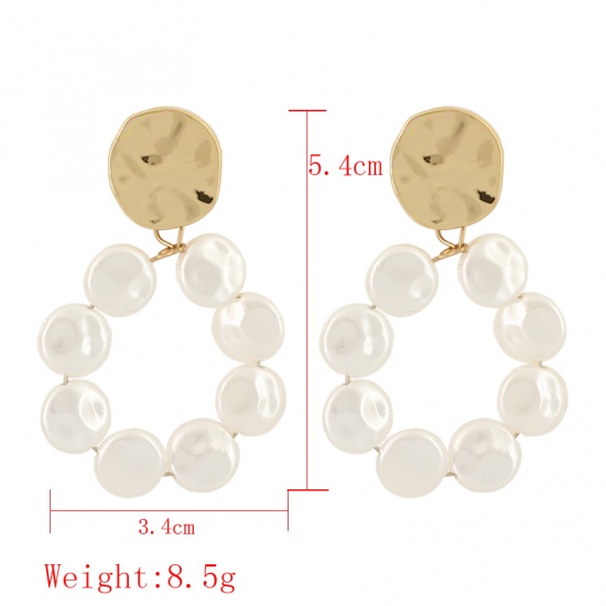 Picture of Earrings Gold Plated White Round Imitation Pearl 5.4cm(2 1/8") x 3.4cm(1 3/8"), 1 Pair