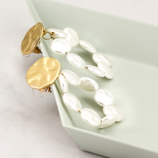 Picture of Earrings Gold Plated White Round Imitation Pearl 5.4cm(2 1/8") x 3.4cm(1 3/8"), 1 Pair