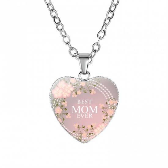 Bild von Muranoglas Halskette Silberfarbe Hellrosa Herz Blumen Message " Best Mom Ever " 45cm lang, 1 Strang
