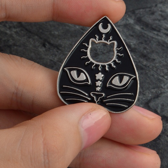 Picture of Pin Brooches Cat Animal Silver Tone Black Enamel 30mm x 25mm, 1 Piece