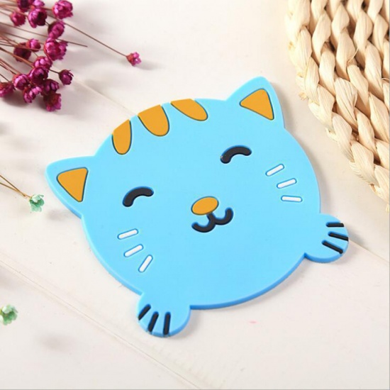 Picture of Silicone Table Coasters Cup Mat Blue Cat Animal 9.5cm(3 6/8") x 9.5cm(3 6/8"), 3 PCs