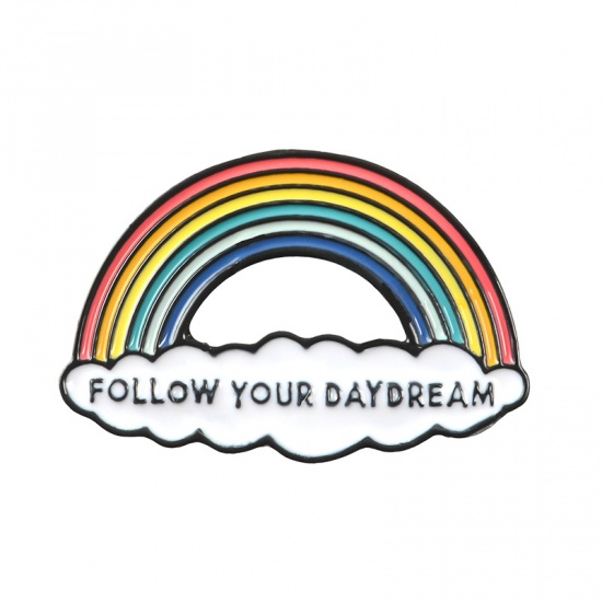 Picture of Pin Brooches Rainbow Cloud Message " Follow Your Dreams " Multicolor 38mm x 25mm, 1 Piece