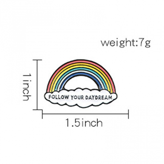 Picture of Pin Brooches Rainbow Cloud Message " Follow Your Dreams " Multicolor 38mm x 25mm, 1 Piece