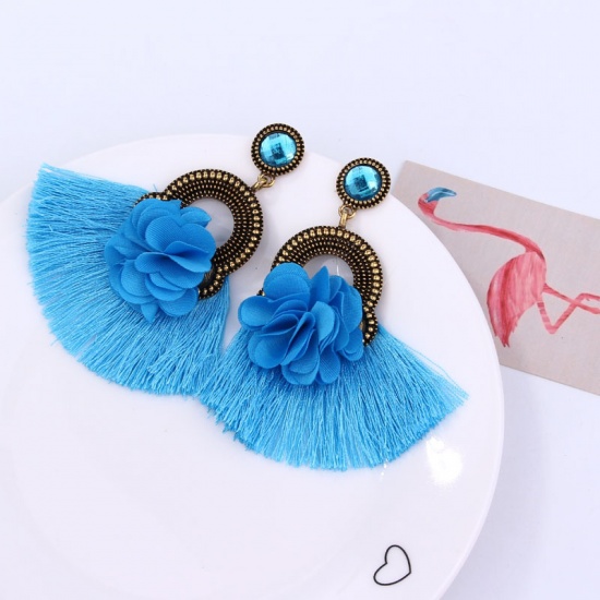 Picture of Tassel Earrings Blue Round Flower Imitation Gemstones 90mm x 75mm, 1 Pair
