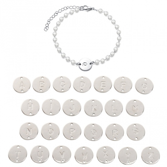 Picture of Bracelets Silver Tone Round Initial Alphabet/ Capital Letter Message " V " Imitation Pearl 15cm(5 7/8") long, 1 Piece