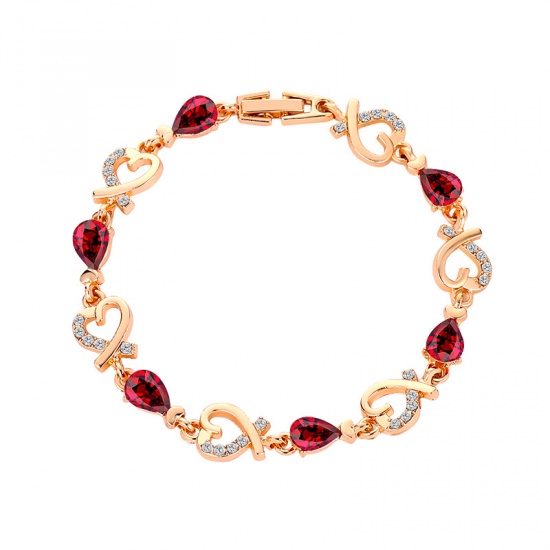 Picture of Brass Bracelets Gold Plated Red Heart Clear Rhinestone 20cm(7 7/8") long, 1 Piece                                                                                                                                                                             