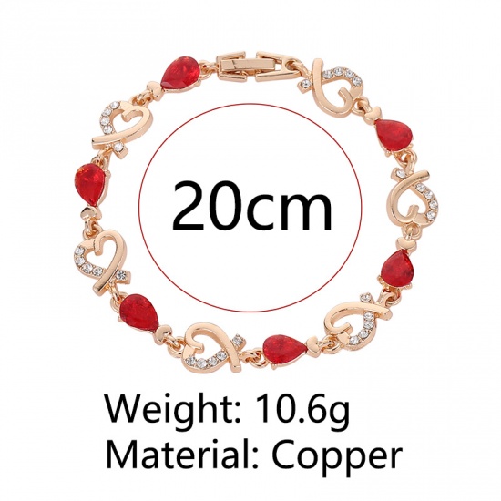 Picture of Copper Bracelets Gold Plated Red Heart Clear Rhinestone 20cm(7 7/8") long, 1 Piece