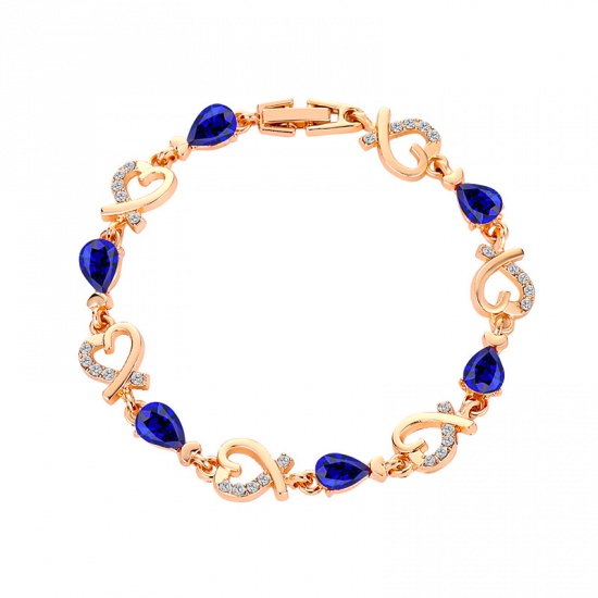 Picture of Copper Bracelets Gold Plated Royal Blue Heart Clear Rhinestone 20cm(7 7/8") long, 1 Piece