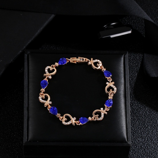 Picture of Copper Bracelets Gold Plated Royal Blue Heart Clear Rhinestone 20cm(7 7/8") long, 1 Piece